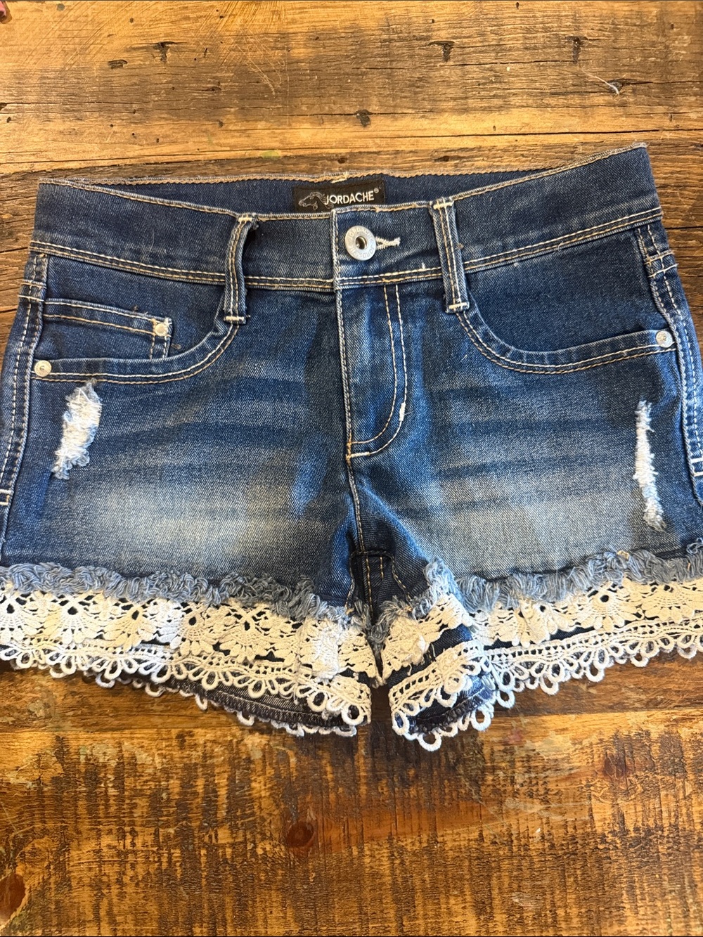 Jordache Blue Denim Shorts with White Crochet Hem